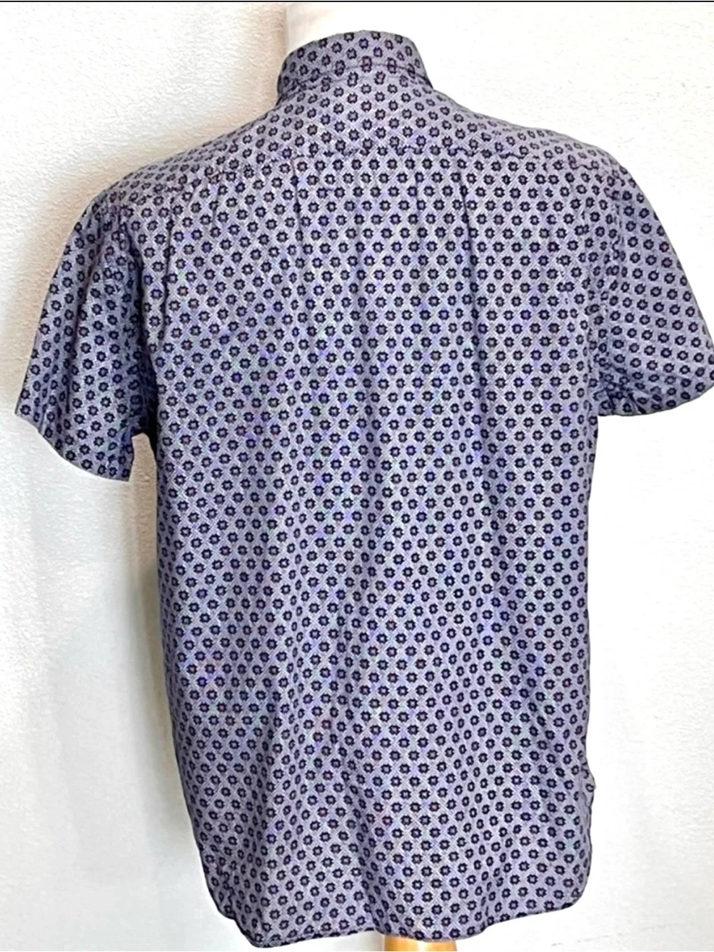 Men's Blue Geometric Tile Short Sleeve Cotton Button Down Shirt L